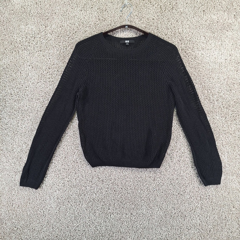 Uniqlo Sweater Women Medium Black Mesh Knit Crewneck Long Sleeve Linen Blend